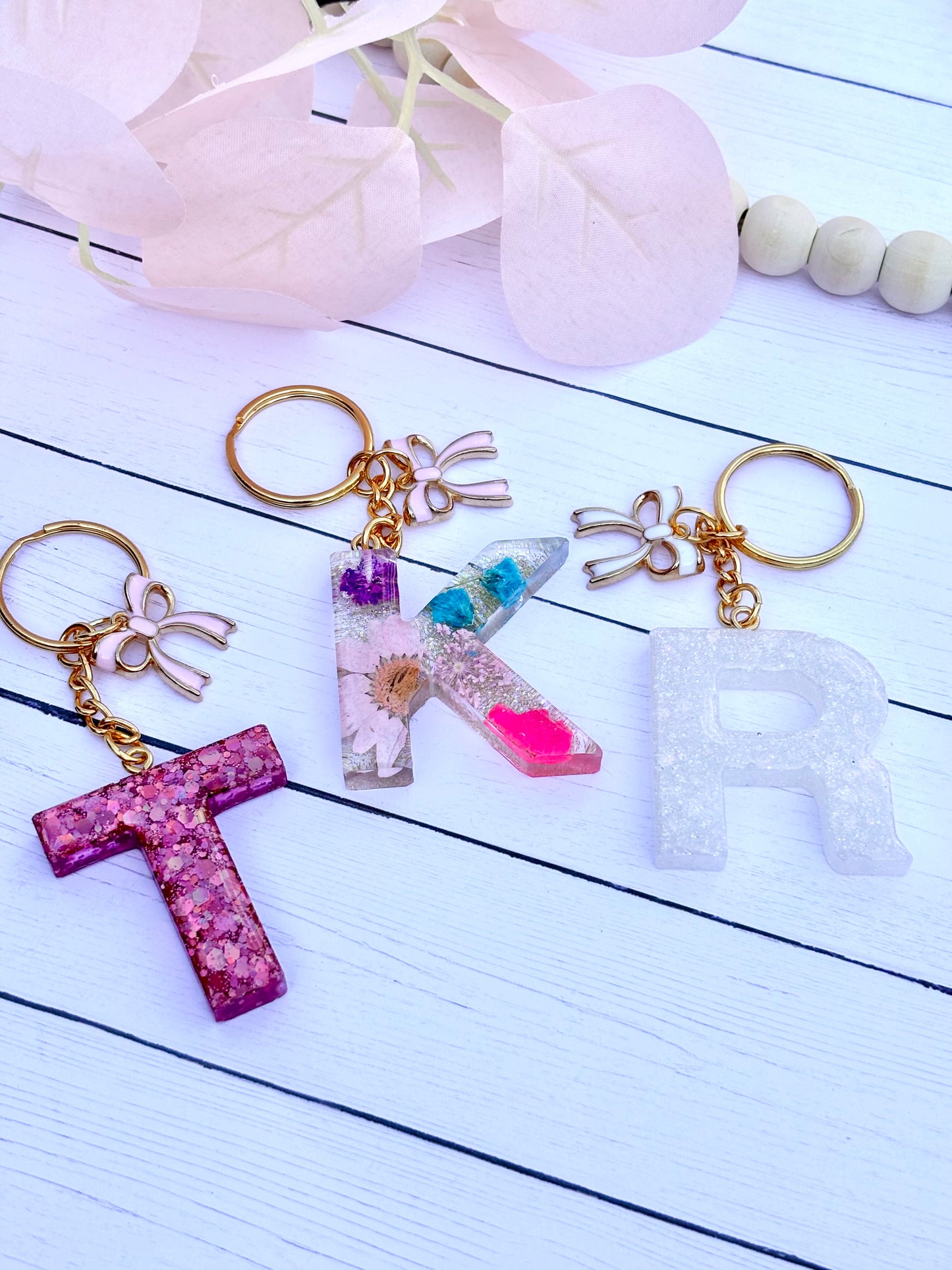 Bag charm Initial Keychain Handmade Flower Glitter