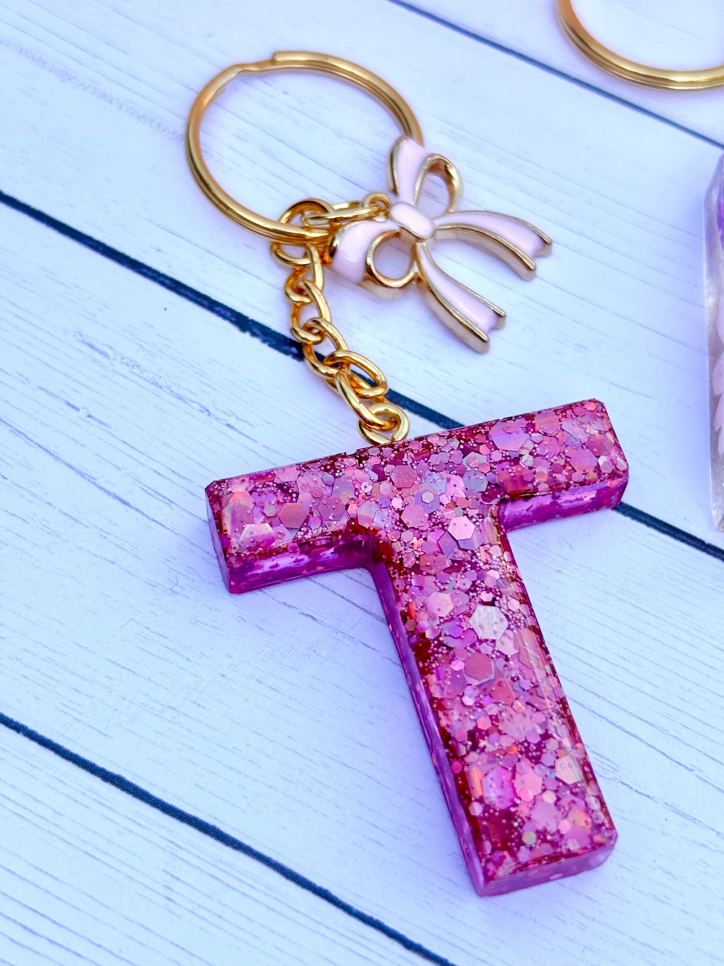 Bag Charm Initial Keychain Pink Glitter Keyring