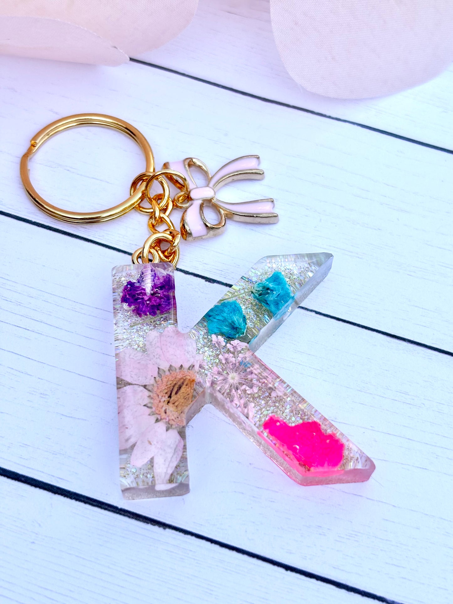 Bag charm Initial Keychain Handmade Flower Glitter