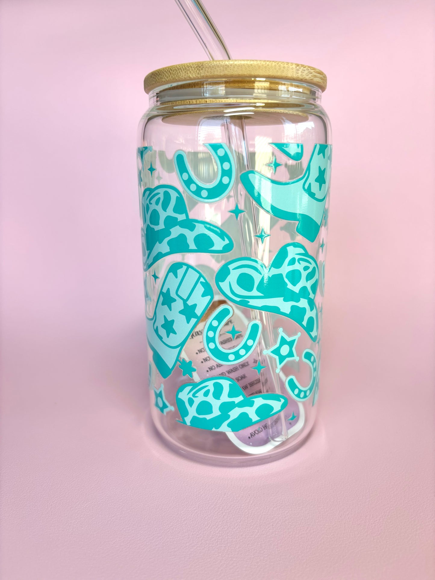 Cute Glass Cup with Turquoise Western Cowgirl Print