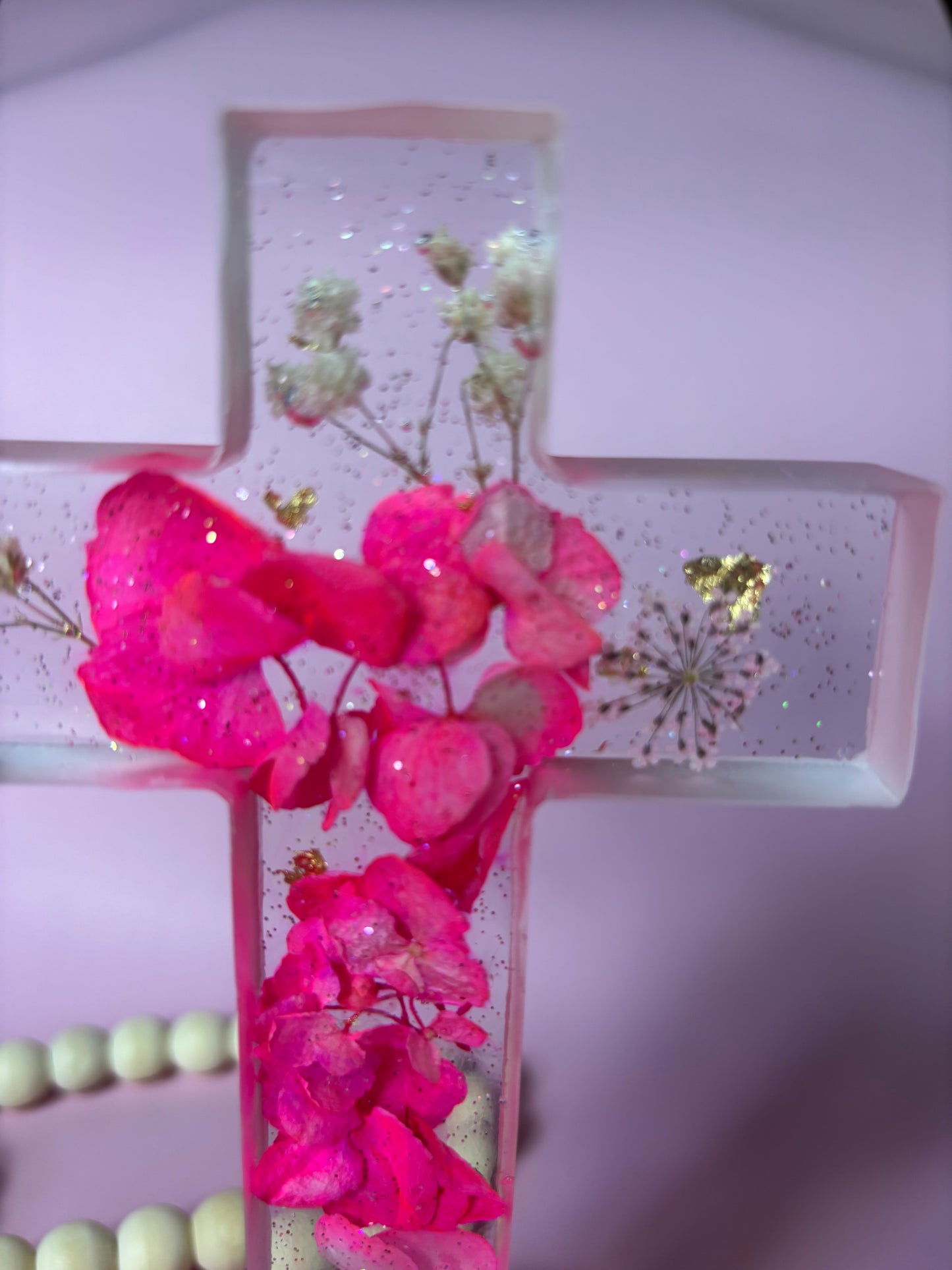 Handmade Cross with Pink Dried Flowers