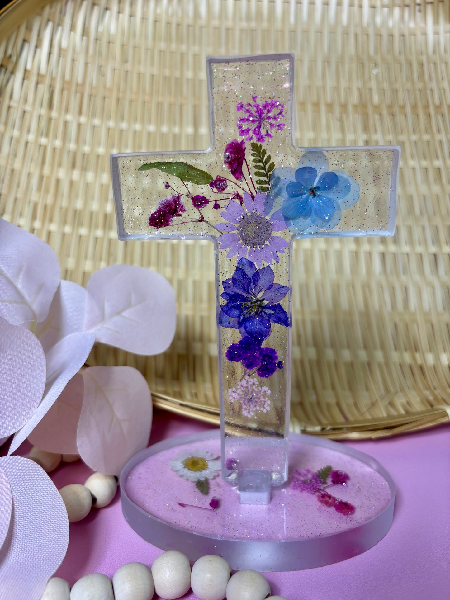 Handmade Cross with Purple Dried Flowers