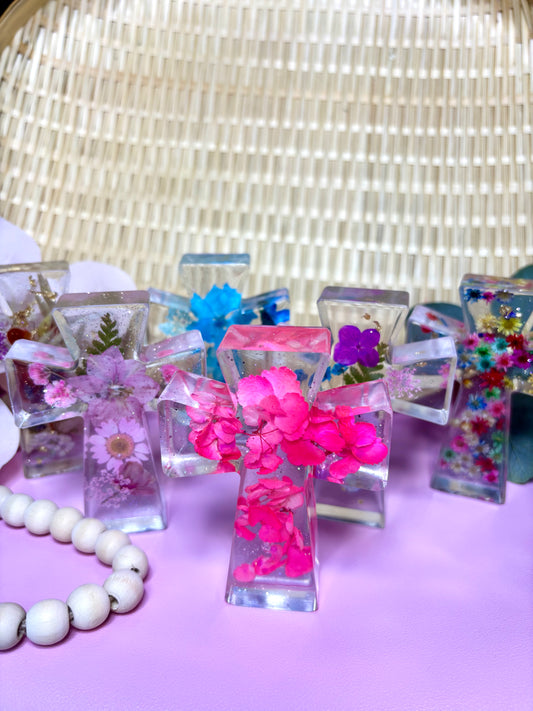 Handmade Cross with Pink Dried Flowers Small