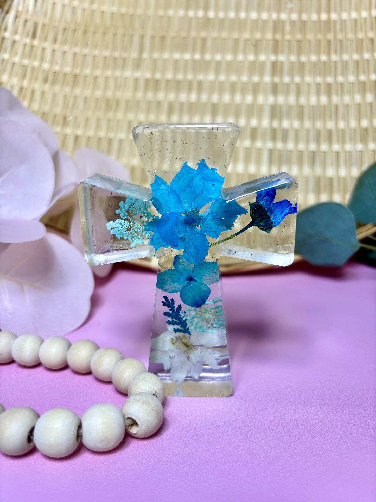 Handmade Cross with Pink Dried Flowers Small