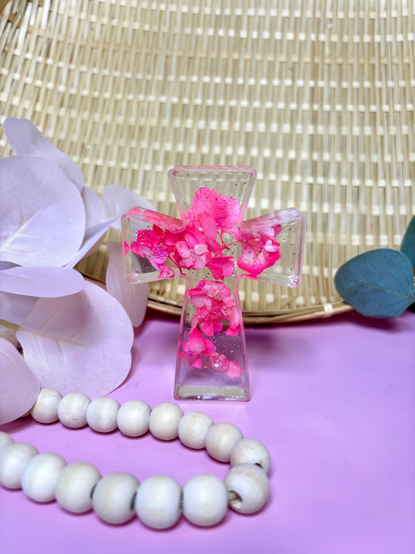 Handmade Cross with Pink Dried Flowers Small