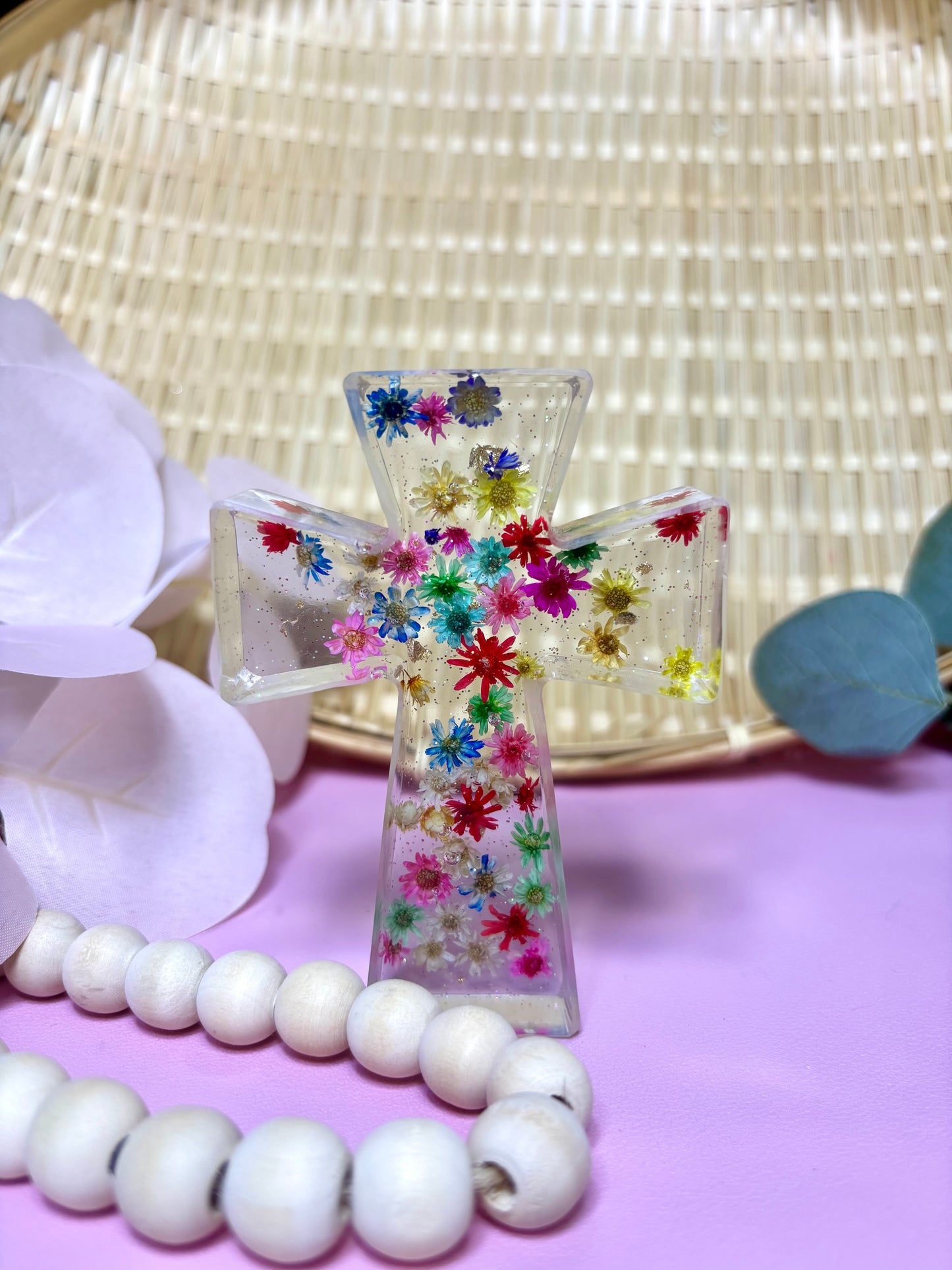 Handmade Cross with Pink Dried Flowers Small