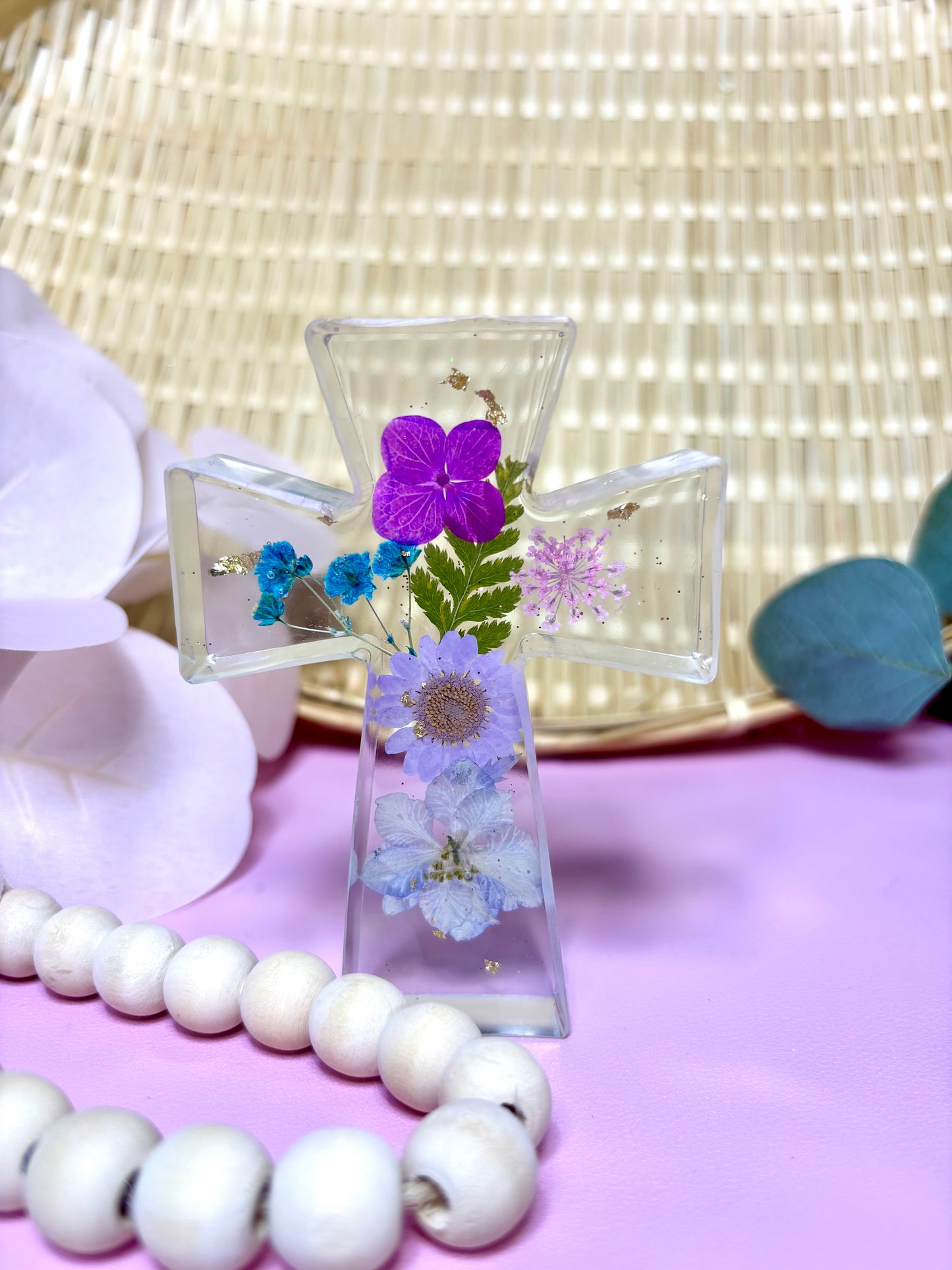 Handmade Cross with Pink Dried Flowers Small