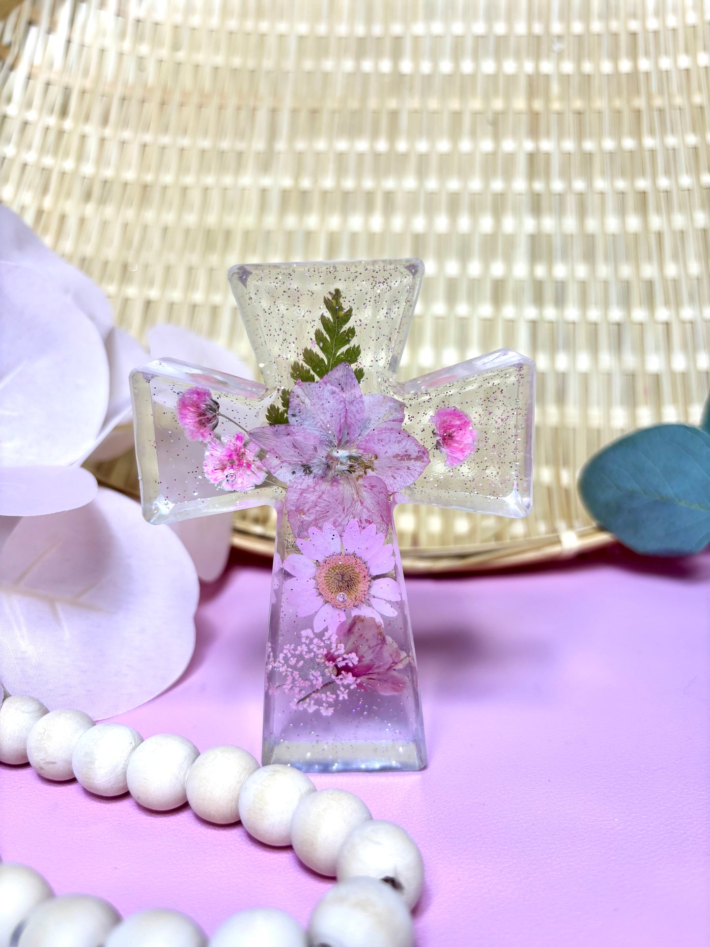Handmade Cross with Pink Dried Flowers Small