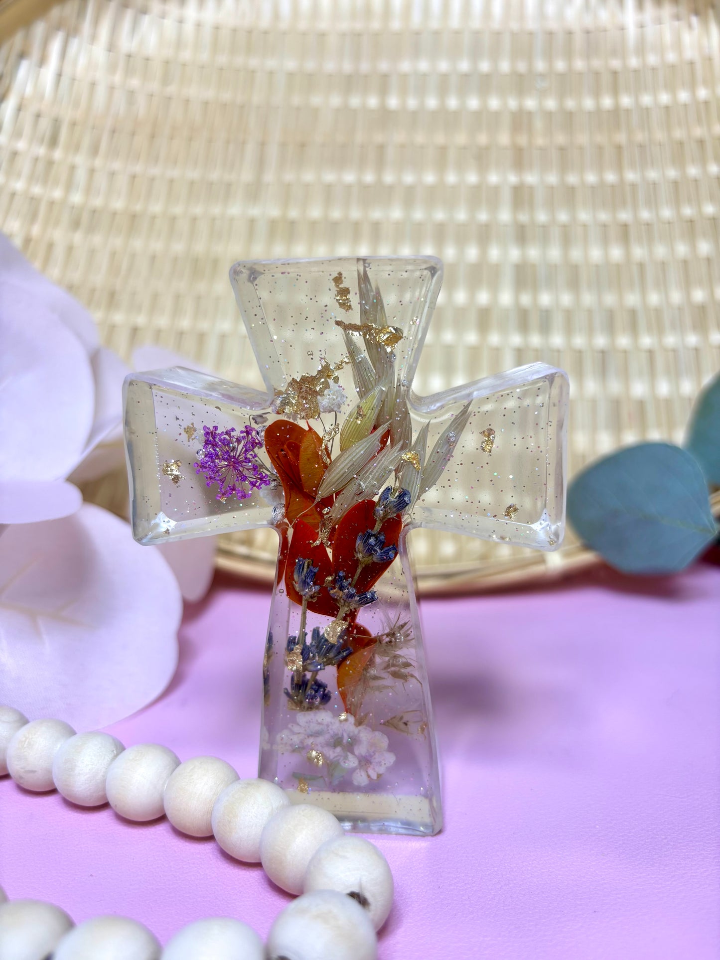 Handmade Cross with Pink Dried Flowers Small