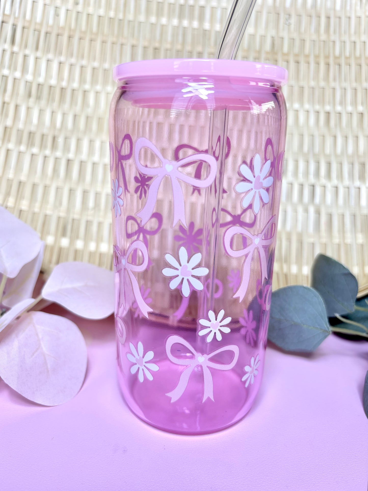 Cute Bow Glass Cup with Flowers