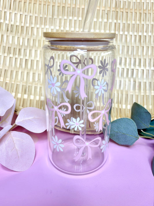 Cute Bow Glass Cup with Flowers