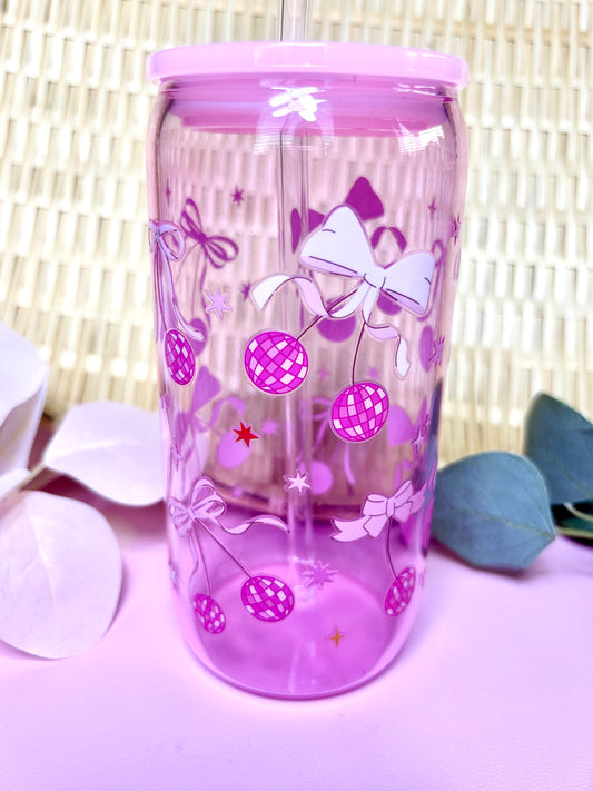 Cute Bow Glass Cup with Cherries