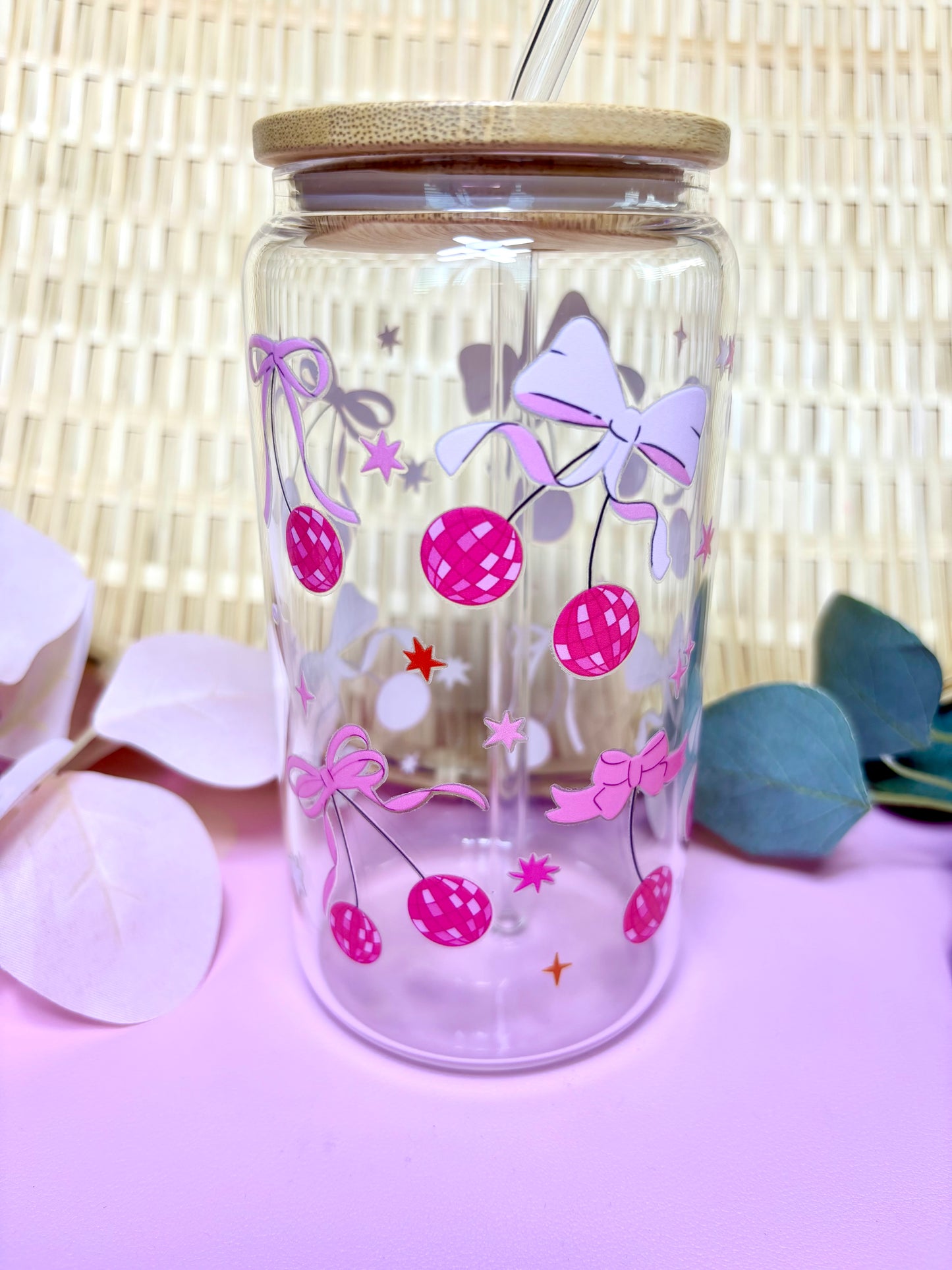 Cute Bow Glass Cup with Cherries