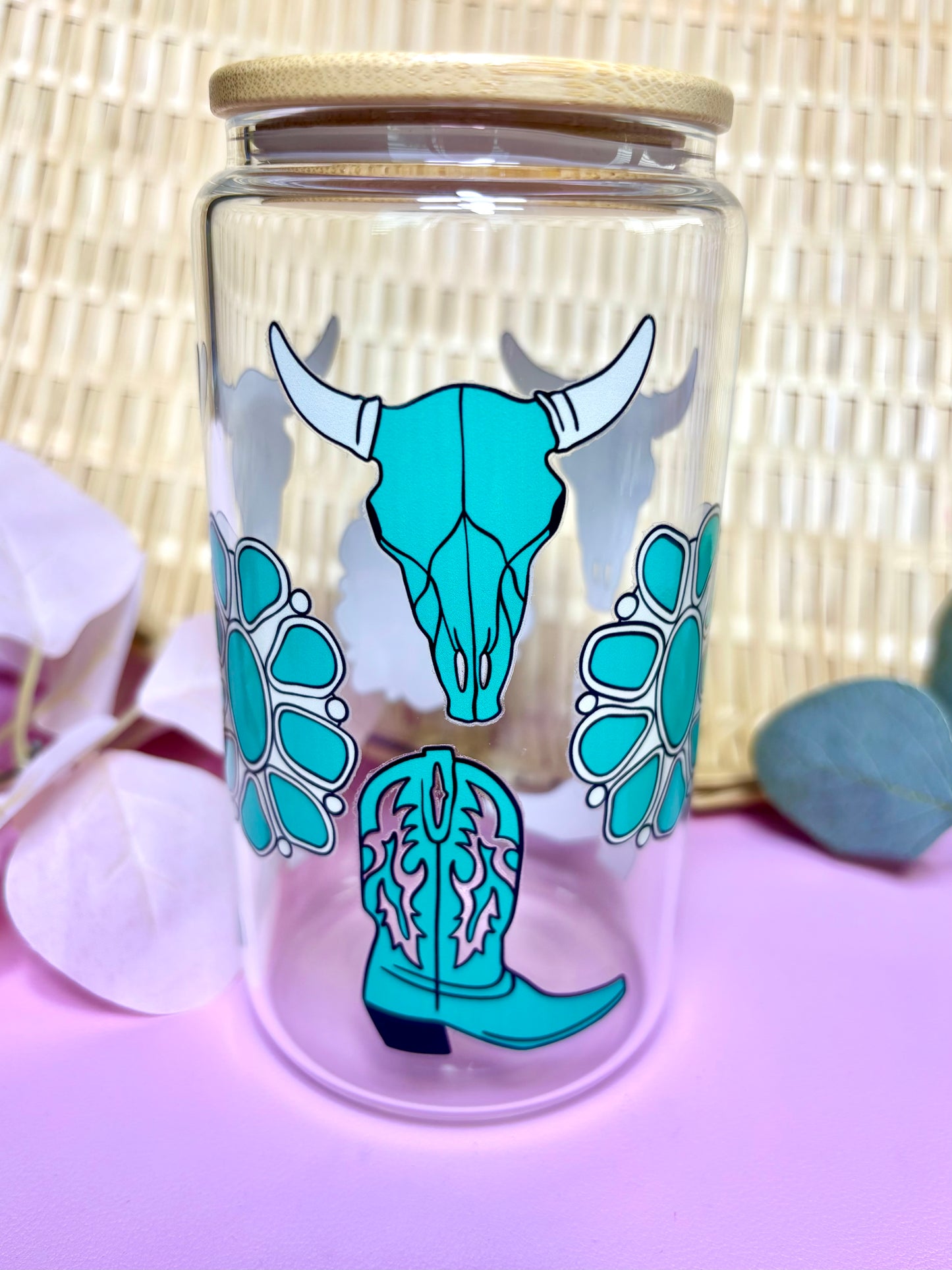 Cute Glass Cup with Turquoise Western Cowgirl Print