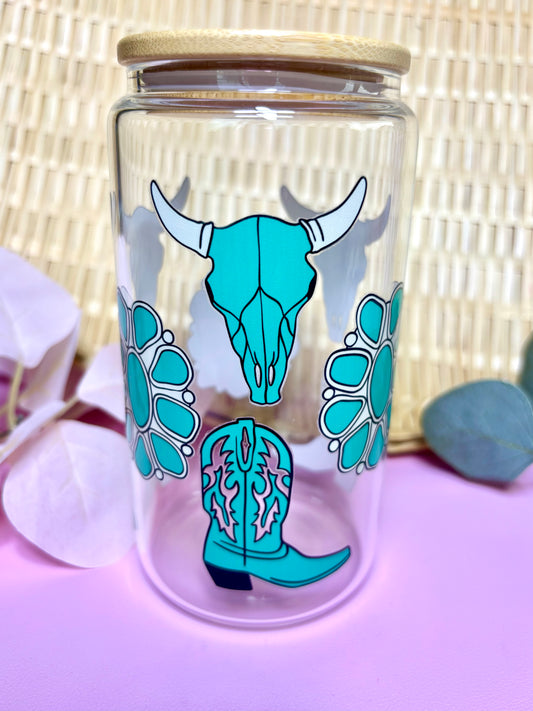 Cute Glass Cup with Turquoise Western Cowgirl Print