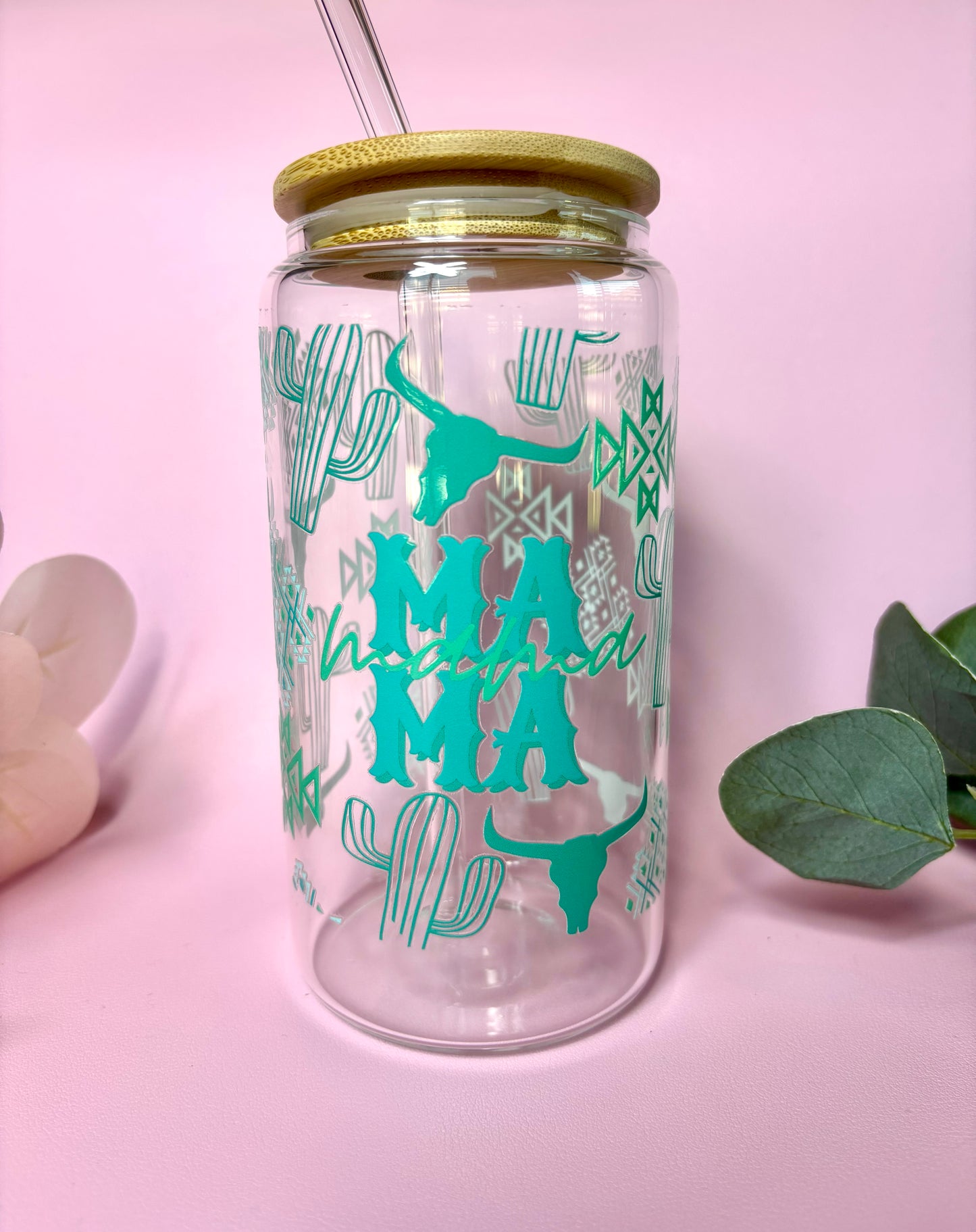 Cute Glass Cup with Turquoise Western Cowgirl Print