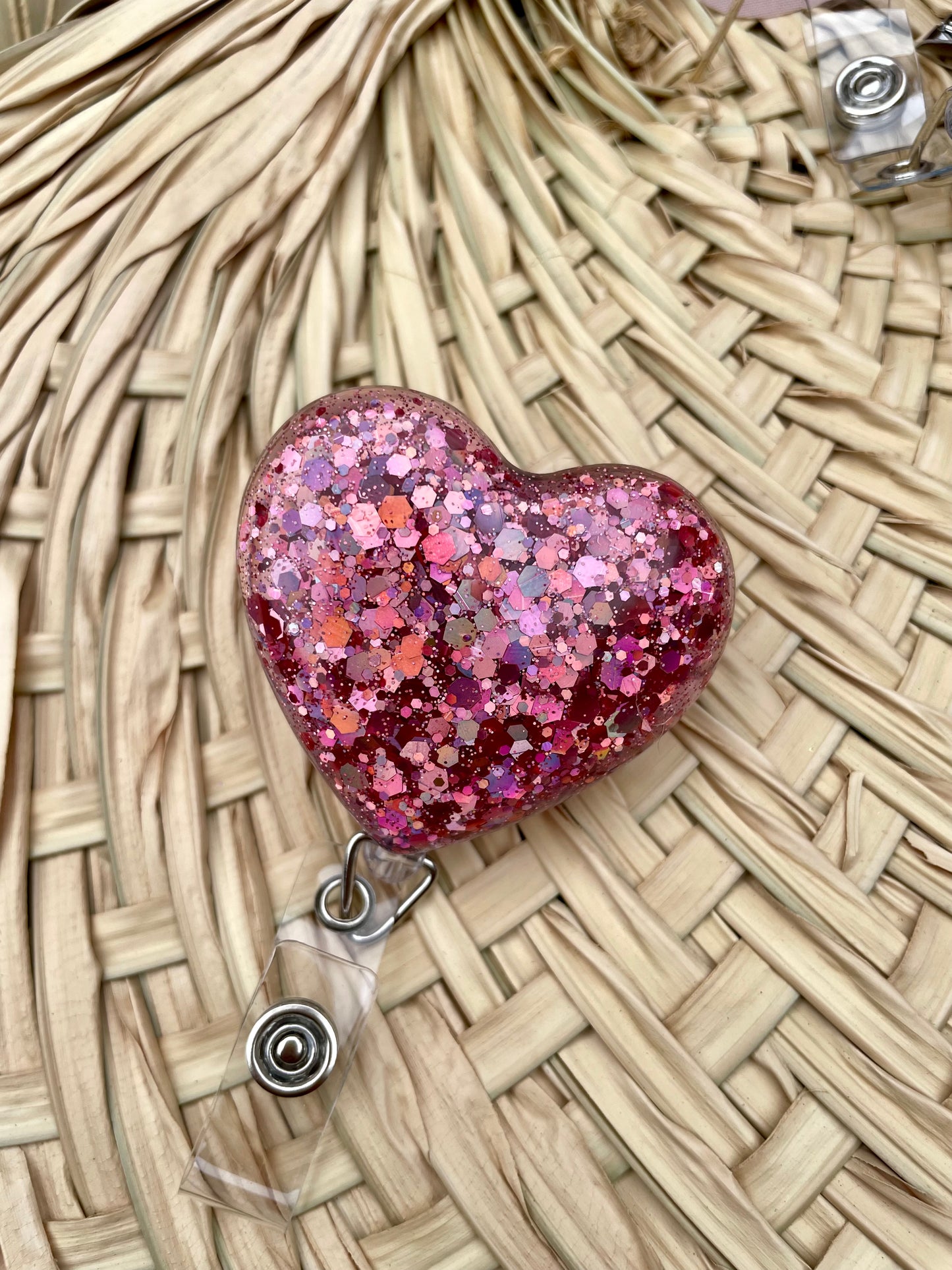 Badge Reel Retractible Sparkly Glitter Hearts