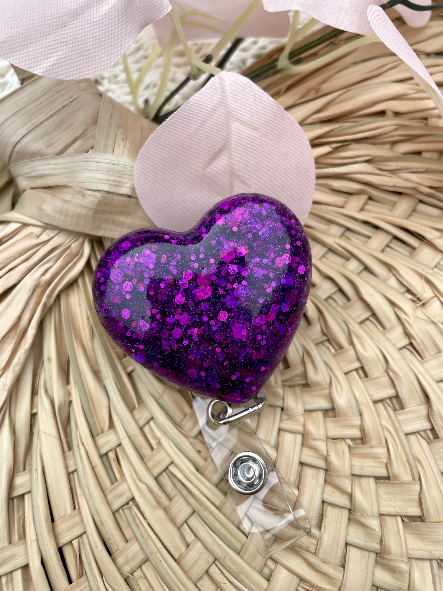 Badge Reel Retractible Sparkly Glitter Hearts